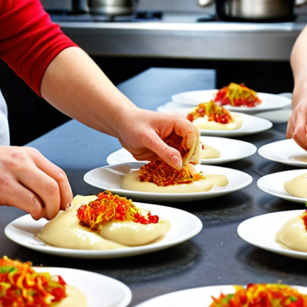 **A vibrant cooking class in a modern kitchen, led by a renowned Polish chef, showcasing the art of *food design*. Students are actively engaged, plating beautifully arranged dishes with fresh, local ingredients like pierogi and kiełbasa.** (This combines culinary courses with food design, featuring local food).