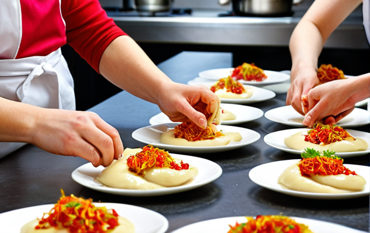 **A vibrant cooking class in a modern kitchen, led by a renowned Polish chef, showcasing the art of *food design*. Students are actively engaged, plating beautifully arranged dishes with fresh, local ingredients like pierogi and kiełbasa.** (This combines culinary courses with food design, featuring local food).